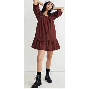 Madewell L Poplin Mini Dress Maroon Cotton Square Neck Boho Fall Prairie Comfy